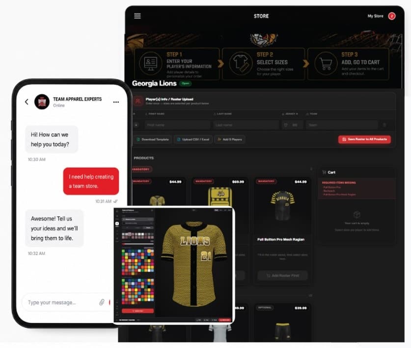 Chat with our team — live support, team store, and jersey designer